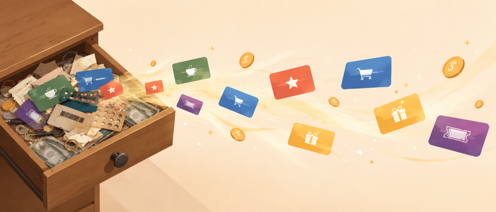 A junk drawer spilling open with gift cards, coins, and sparkles flowing out