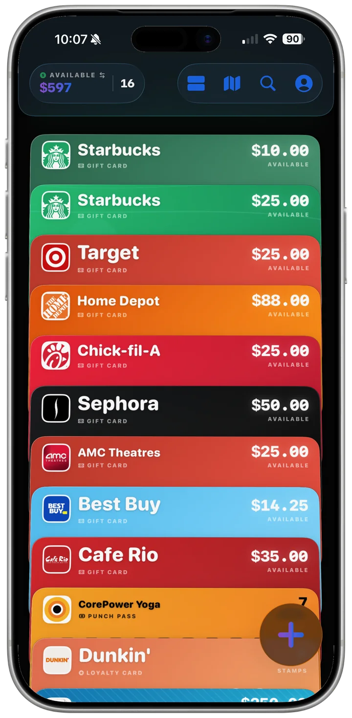 The CardCue Pro wallet: a tidy list of brand cards with balances