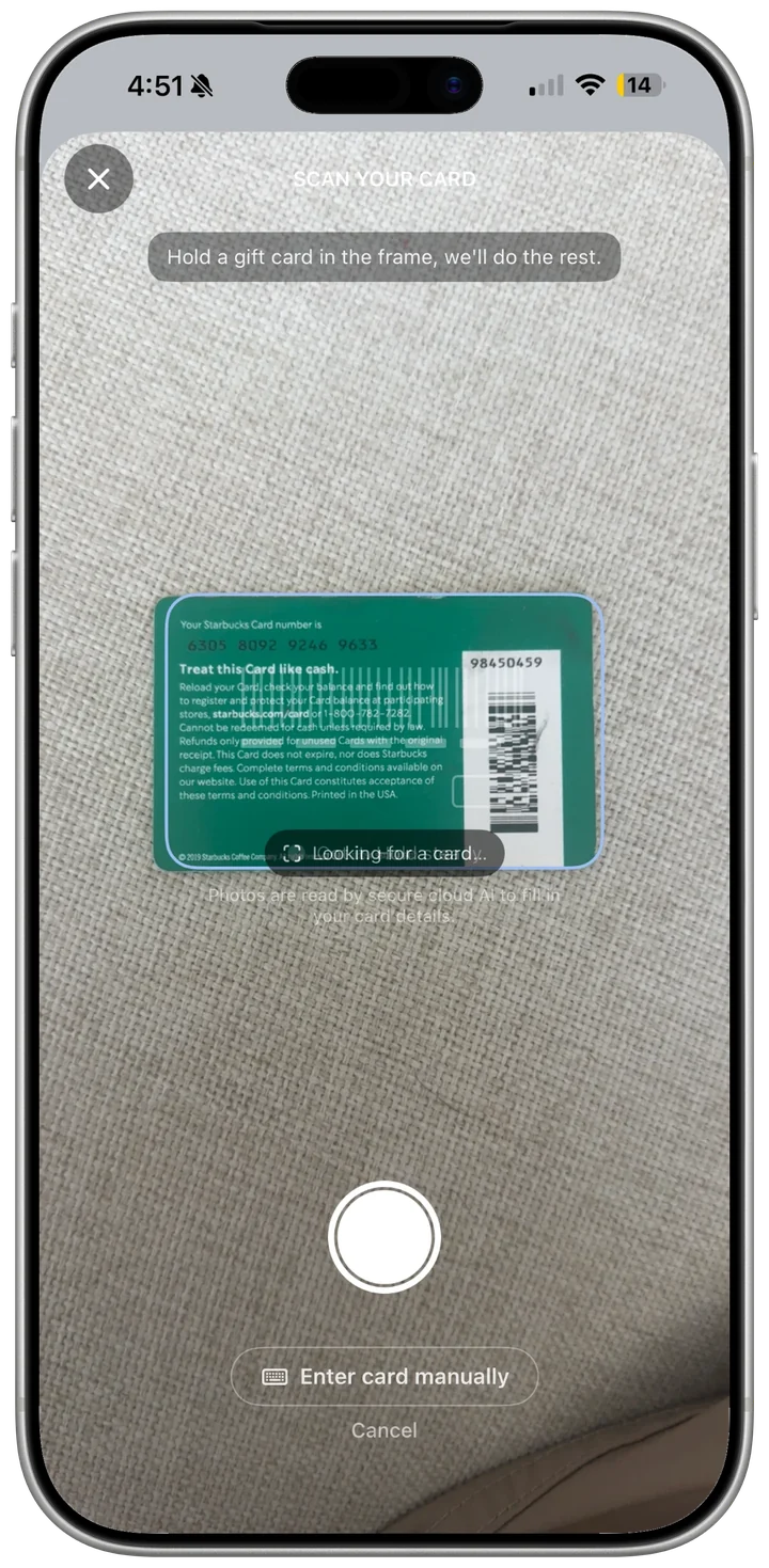CardCue Pro scanning a gift card: the camera frames the card and reads its brand, balance, and barcode