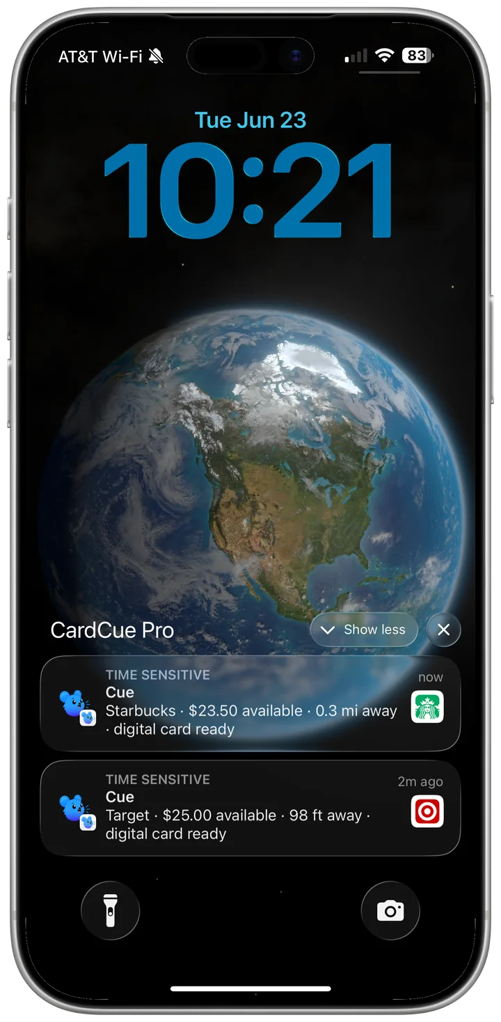 iPhone lock screen with a CardCue Pro chirp: a card balance and how close the store is