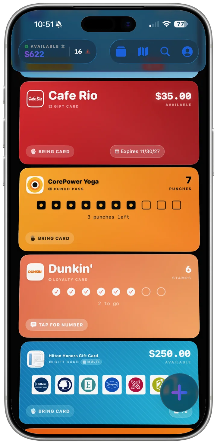A wallet of vivid, brand-colored cards with home-screen widgets