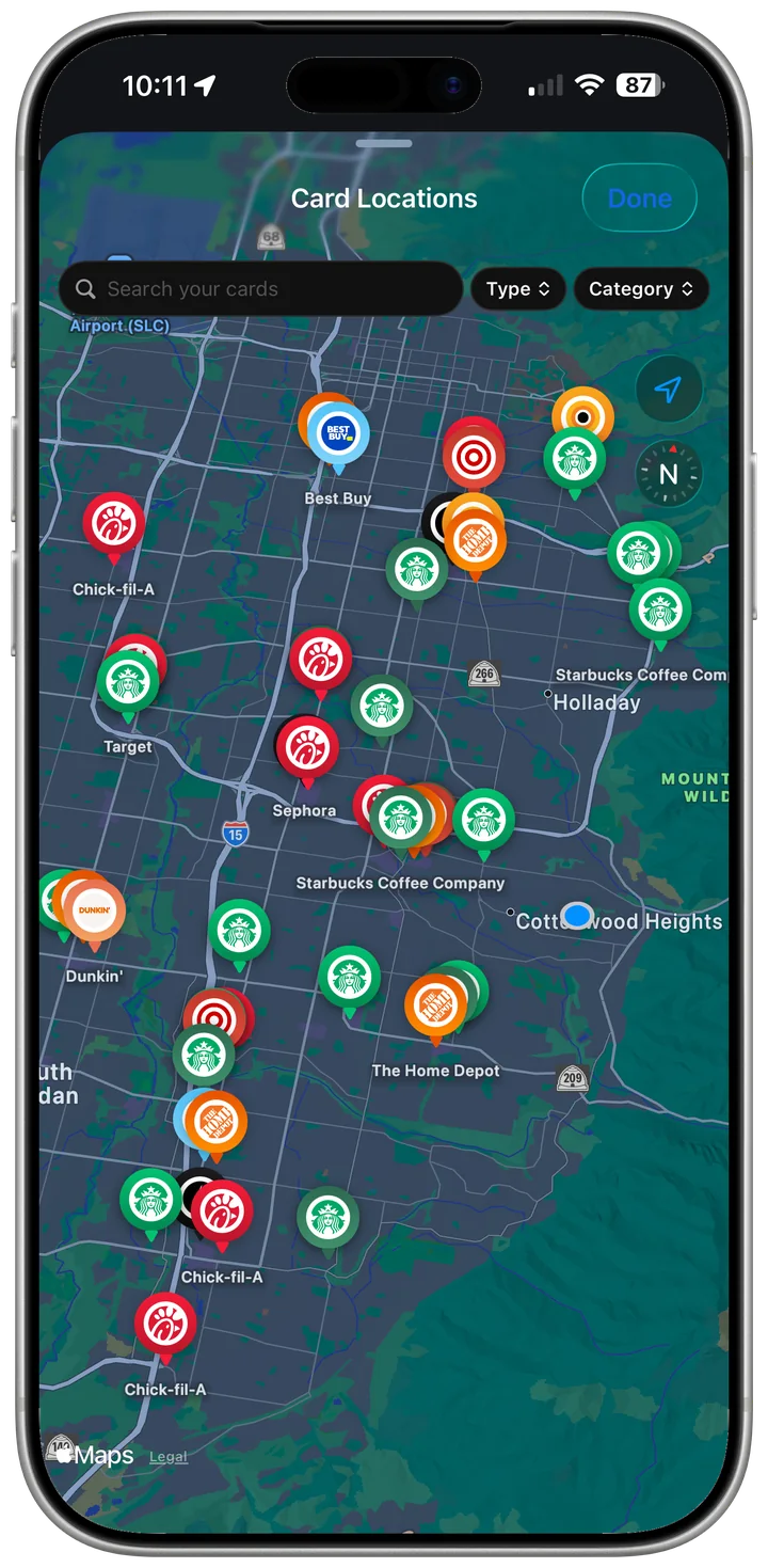 A map dotted with brand pins showing nearby stores where you have a card