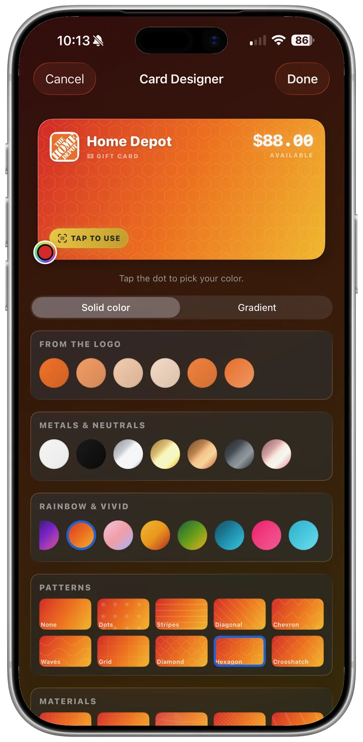 The card designer recoloring a card with palettes and metallic finishes