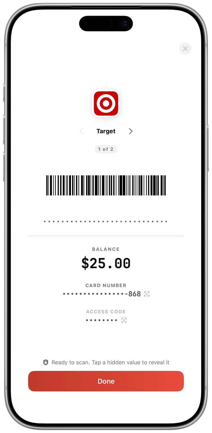 Show at Register: a Target gift card with a large barcode and a $25.00 balance, ready for the cashier to scan