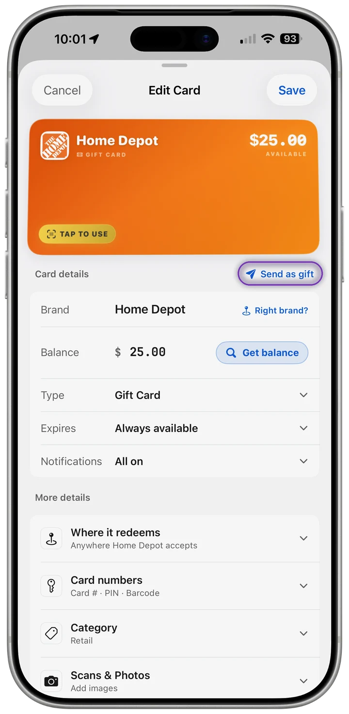 The Edit Card screen in CardCue Pro, with Send as gift circled at the top right of Card details
