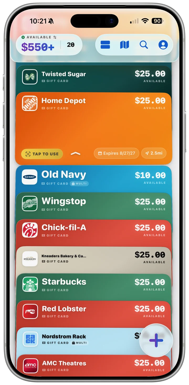 A CardCue Pro wallet holding twenty cards, $550 available across Twisted Sugar, Home Depot, Old Navy, Wingstop, Chick-fil-A, Starbucks, Red Lobster and more