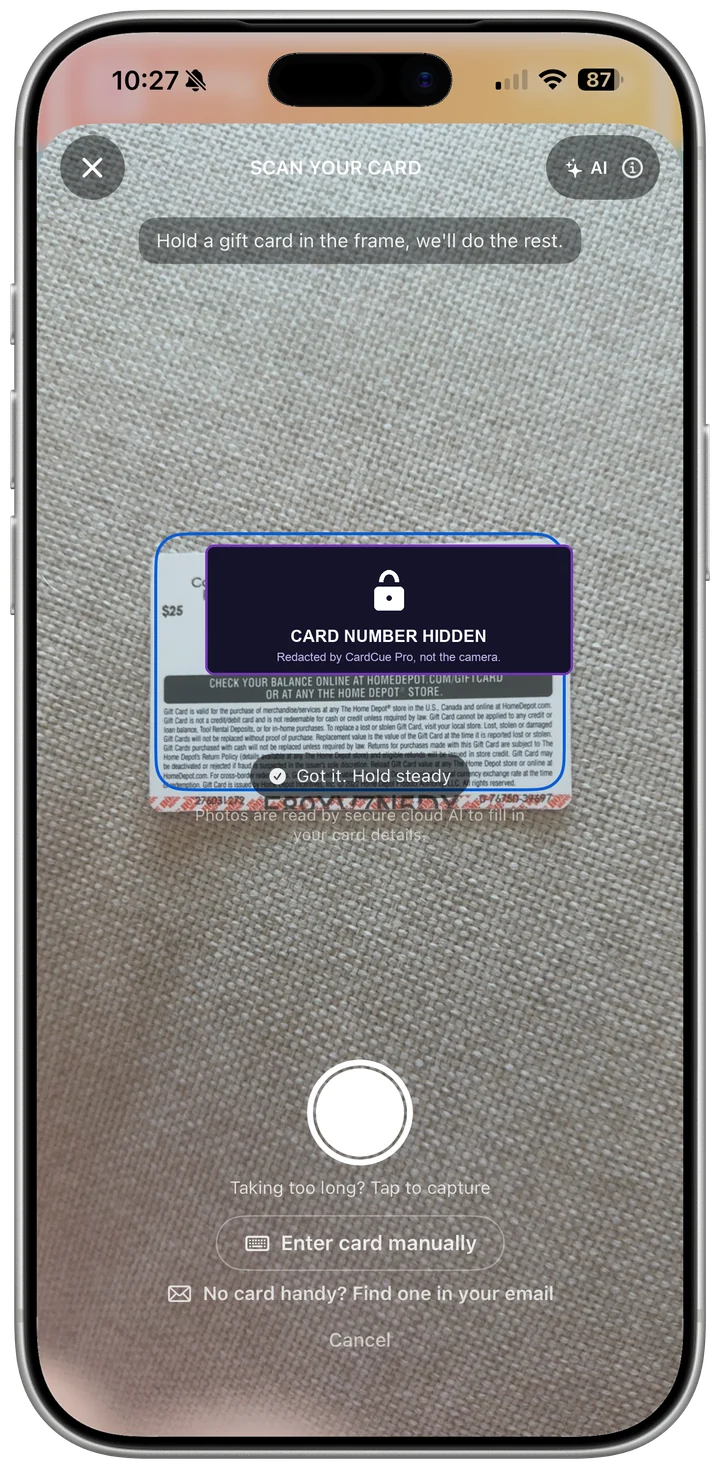 CardCue Pro scanning a Home Depot gift card, with the card number redacted