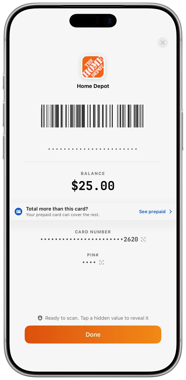 A Home Depot gift card ready at the register in CardCue Pro, showing a $25.00 balance and a scannable barcode